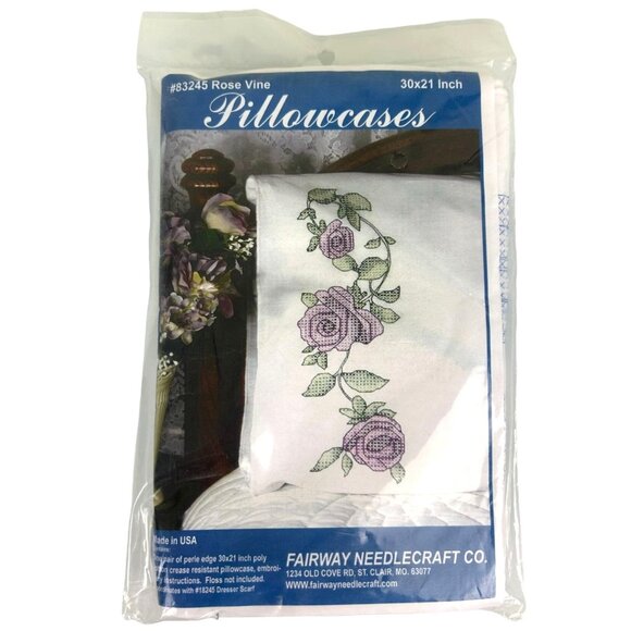 NEW Fairway Needlecraft #83245 ROSE VINE Embroidery Cross Stitch Pillowcase Kit - Picture 1 of 10